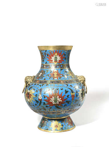 A CHINESE CLOISONNE HU-SHAPED 'LOTUS' VASE MING/QING DYNASTY The pear-shaped body with a waisted