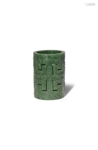 A CHINESE SPINACH-GREEN JADE ARTICULATED CYLINDER PROBABLY 20TH CENTURY Of cylindrical form,