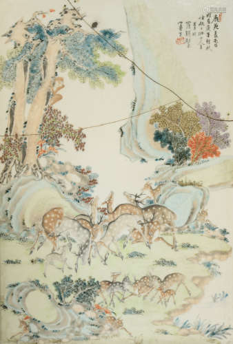 A CHINESE PORCELAIN PLAQUE LATE QING DYNASTY/REPUBLIC PERIOD Painted with a group of deer and