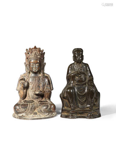 TWO CHINESE BRONZE FIGURES MING DYNASTY One depicting Guanyin seated in dhyanasana, her elaborate