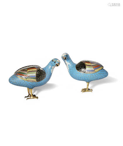 A PAIR OF CHINESE CLOISONNE 'QUAIL' INCENSE BURNERS AND COVERS 18TH CENTURY Each standing on