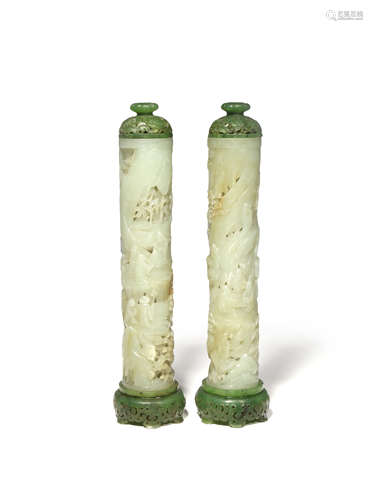 A PAIR OF CHINESE CELADON JADE INCENSE HOLDERS QING DYNASTY OR LATER Each of cylindrical form,