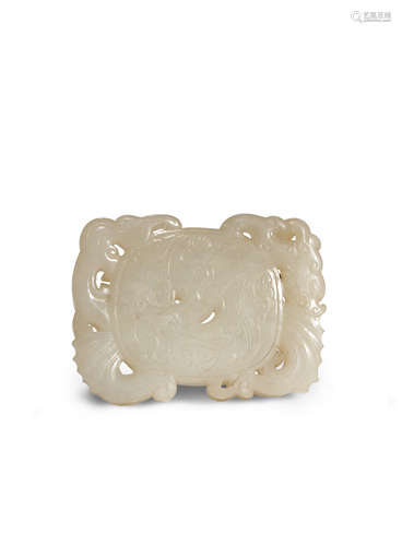 A CHINESE PALE CELADON JADE PENDANT QING DYNASTY OR LATER Carved in openwork as a kuilong entwined