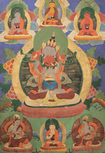 A TIBETAN THANGKA 19TH/20TH CENTURY Depicting blue Vajradhara and his red consort Bhagavani in union