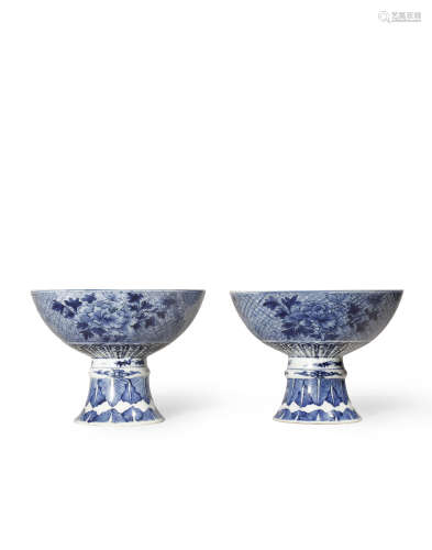 A PAIR OF CHINESE BLUE AND WHITE STEM BOWLS SIX CHARACTER GUANGXU MARKS AND OF THE PERIOD 1875-