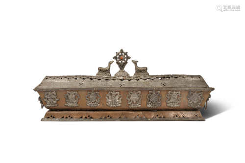 A MONGOLIAN REPOUSSE AND INCISED COPPER RECTANGULAR INCENSE BURNER AND COVER 19TH CENTURY With a