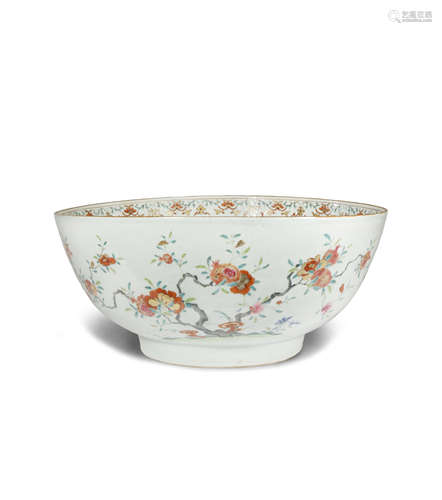 A LARGE CHINESE FAMILLE ROSE PUNCH BOWL QIANLONG 1736-95 Painted in enamels and gilt with