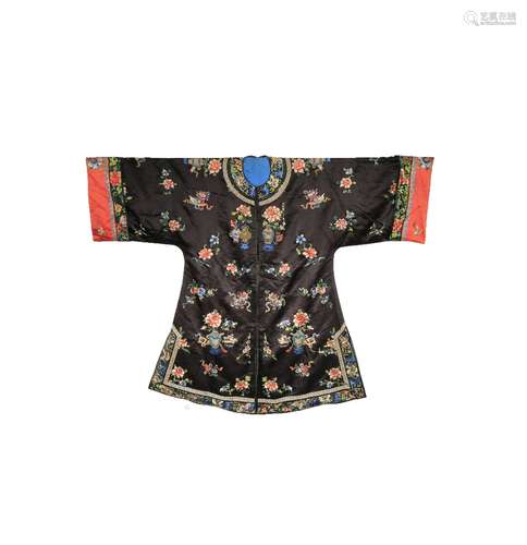 A CHINESE BLACK-GROUND EMBROIDERED SILK ROBE LATE QING DYNASTY Decorated with peony, lotus,