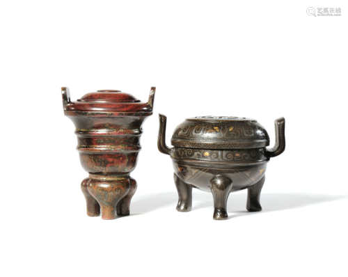 TWO CHINESE MINIATURE SILVER INLAID BRONZE VESSELS AND COVERS MING DYNASTY One with a compressed