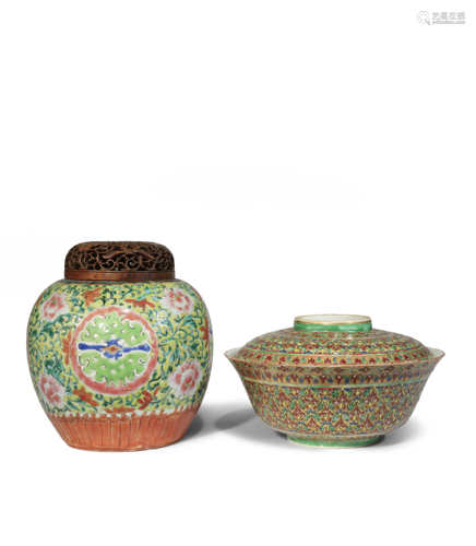 A CHINESE PERANAKAN-TYPE OVOID VASE AND A BOWL AND COVER FOR THE THAI MARKET 19TH CENTURY The vase