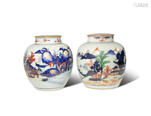 A NEAR PAIR OF CHINESE IMARI OVOID VASES AND COVERS KANGXI 1662-1722 The body of each painted in