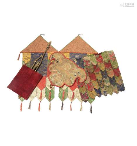 FOUR TIBETAN TRIBUTE SILK BUDDHIST TEMPLE HANGINGS AND A CHABLUK 18TH/19TH CENTURY Two of the