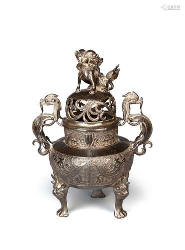 A CHINESE BRONZE ARCHAISTIC INCENSE BURNER AND COVER 17TH CENTURY The compressed circular body