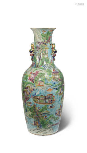 †A LARGE CHINESE CANTON 'RIVER SCENE' VASE 19TH CENTURY The ovoid body rising to a tall neck flanked