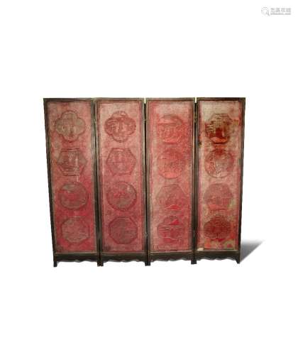 A CHINESE FOUR-FOLD CINNABAR LACQUER SCREEN EARLY 20TH CENTURY Carved in shallow relief with