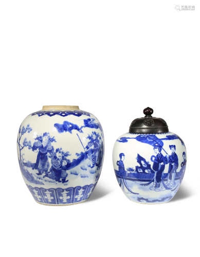 TWO CHINESE BLUE AND WHITE OVOID JARS KANGXI AND 19TH CENTURY The larger jar painted with soldiers