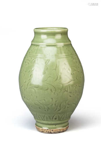 A CHINESE LONGQUAN CELADON VASE PROBABLY QING DYNASTY The ovoid body decorated with a wide incised