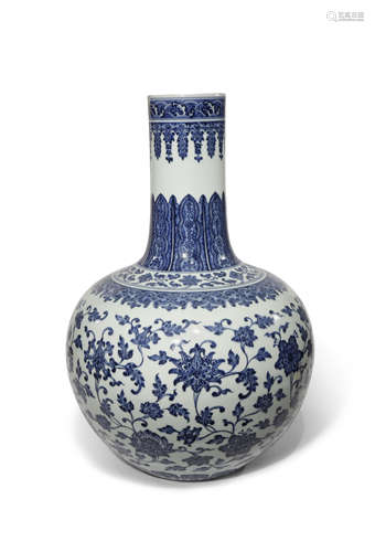 A LARGE CHINESE BLUE AND WHITE BOTTLE VASE PROBABLY 20TH CENTURY The ovoid body painted with lotus