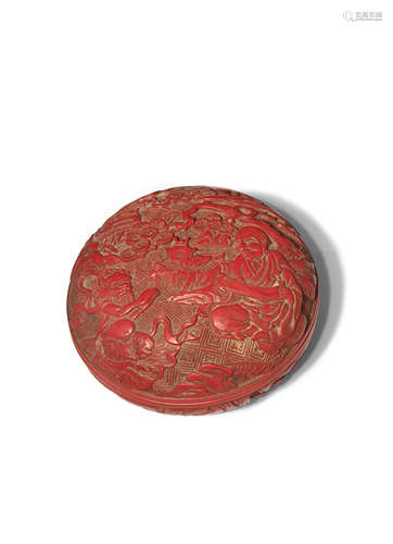 A CINNABAR LACQUER SEAL PASTE BOX AND COVER 17TH/18TH CENTURY One side carved with a scholar and