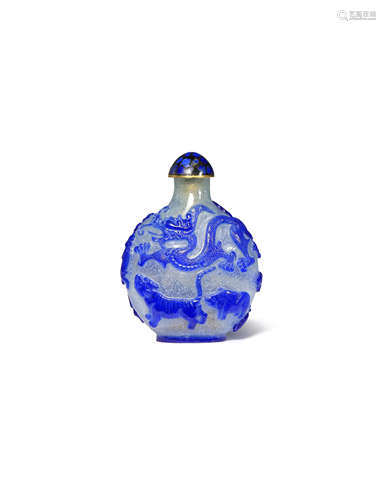 A RARE CHINESE BLUE-OVERLAY GLASS 'ZODIAC' SNUFF BOTTLE 18TH/19TH CENTURY The flattened circular