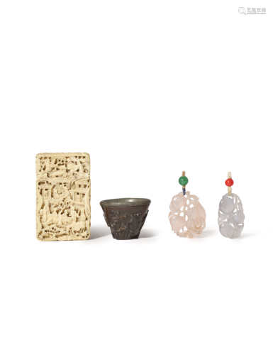 A CHINESE IVORY CARD CASE, A CUP CARVED FROM A NUT AND TWO HARDSTONE PENDANTS QING DYNASTY The