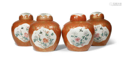 FOUR CHINESE FAMILLE ROSE OVOID JARS AND COVERS 19TH CENTURY Each with shaped cartouches enclosing