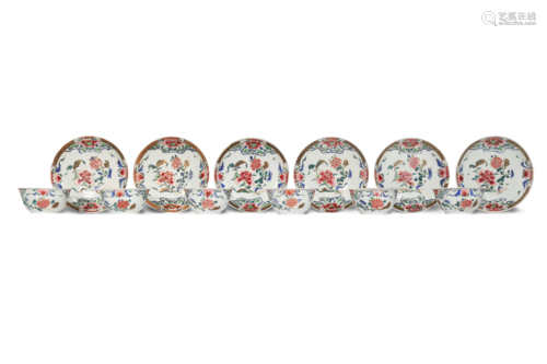 A SET OF SIX CHINESE FAMILLE ROSE TEA BOWLS AND SAUCERS QIANLONG 1736-95 All painted in coloured