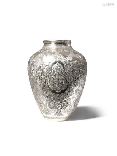 AN ISFAHAN SILVER VASE LATE 19TH CENTURY The ovoid body tapering towards the foot, decorated in