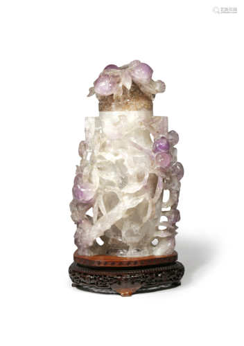 A LARGE CHINESE AMETHYST 'PEACH' VASE AND COVER 19TH CENTURY Carved in high relief with a peach tree