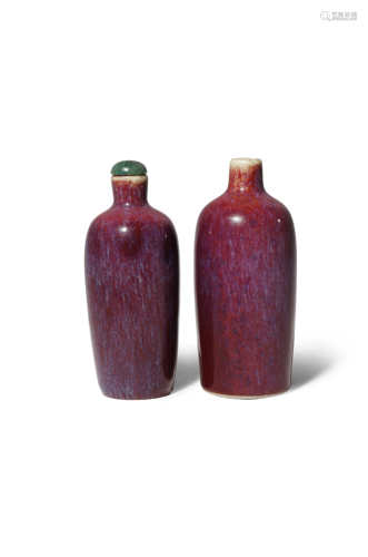 TWO LARGE CHINESE FLAMBE GLAZED SNUFF BOTTLES 18TH/19TH CENTURY Each with an ovoid body rising to