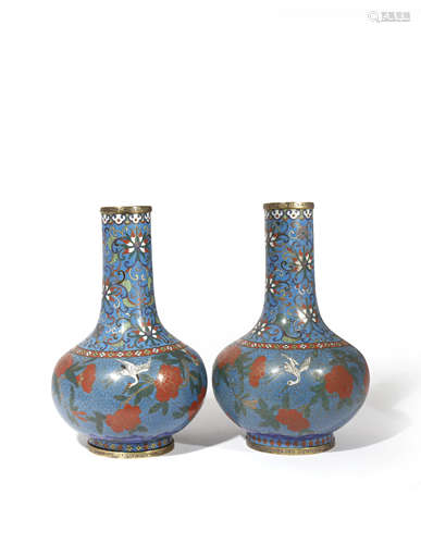 A PAIR OF CHINESE CLOISONNE BOTTLE VASES 19TH CENTURY Decorated with various birds perched on