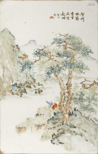 A CHINESE PORCELAIN 'LANDSCAPE' PLAQUE LATE QING DYNASTY/REPUBLIC PERIOD Painted in coloured enamels