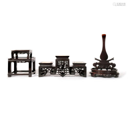 FIVE CHINESE HARDWOOD STANDS 19TH/20TH CENTURY One with three square platforms inset with marble,