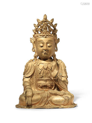 A CHINESE BRONZE FIGURE OF GUANYIN PROBABLY LATE MING DYNASTY Seated in dhyanasana with one hand