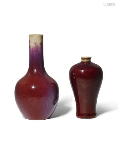 TWO CHINESE FLAMBE GLAZED VASES 18TH CENTURY One a bottle vase, the other a meiping, each coated