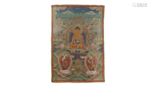 A TIBETAN THANGKA OF SAKYAMUNI BUDDHA.