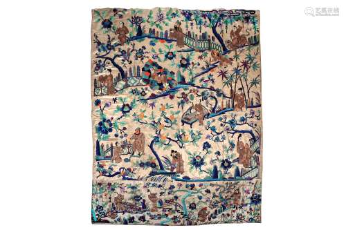 A CHINESE IVORY-GROUND EMBROIDERED SILK ‘TWENTY-FOUR PARAGONS OF FILIAL PIETY’ TEXTILE PANEL.
