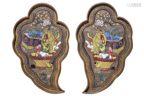 A PAIR OF CHINESE CLOISONNE ENAMEL LEAF-SHAPED 'TREASURES' TRAYS.