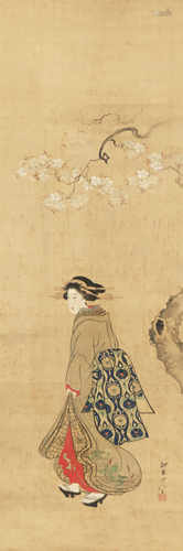 TWO JAPANESE SCROLL PAINTINGS, KAKEMONO 19TH AND 20TH CENTURY One depicting a beauty in a garden,