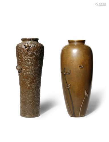 TWO JAPANESE BRONZE IKEBANA VASES MEIJI/TAISHO PERIODS Both with tall slender bodies, one with