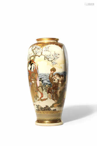 A JAPANESE SATSUMA VASE MEIJI 1868-1912 The tall baluster body richly decorated with the Seven