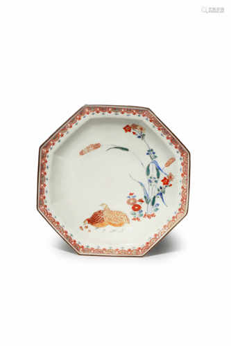 A JAPANESE OCTAGONAL KAKIEMON DISH C.1700 The well decorated in polychrome enamels with two