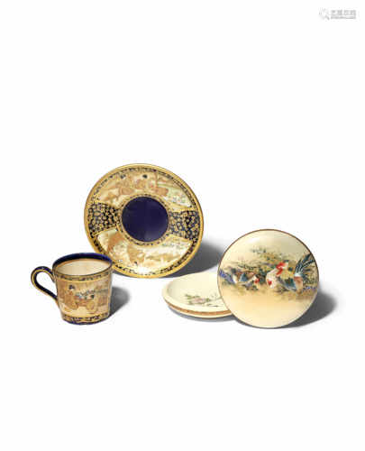 A JAPANESE SATSUMA CUP AND SAUCER BY KINKOZAN MEIJI 1868-1912 Both decorated with two panels in