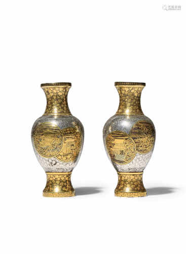A PAIR OF JAPANESE MINIATURE INLAID-IRON KOMAI VASES MEIJI 1868-1912 The baluster bodies decorated