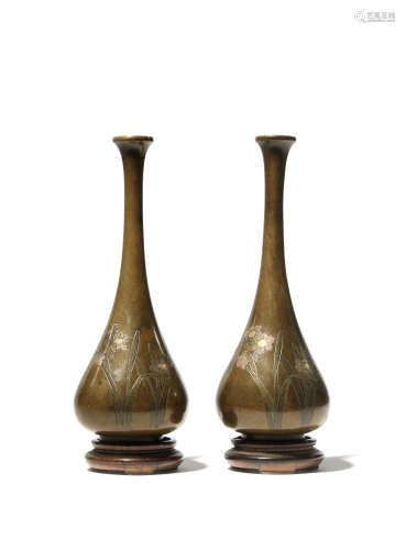 A PAIR OF JAPANESE INLAID BRONZE VASES MEIJI 1868-1912 The tall pear-shaped bodies decorated with