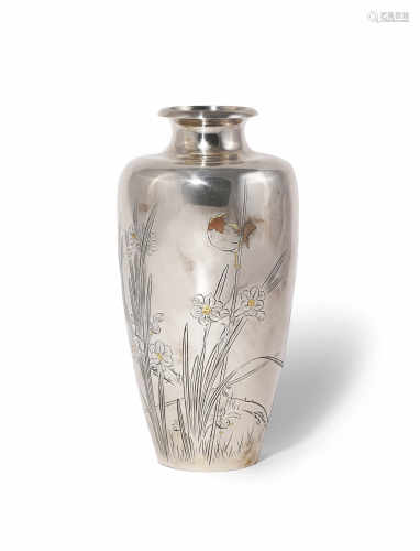 A JAPANESE SILVER VASE MEIJI 1868-1912 The baluster body with a short everted rim, decorated with