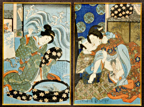 SEVEN JAPANESE EROTIC WOODBLOCK PRINTS, SHUNGA EDO AND MEIJI PERIODS Six depicting couples engaged