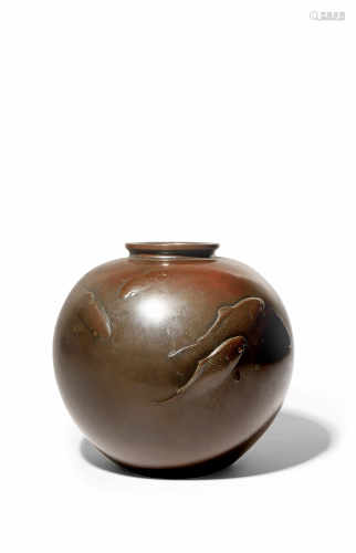 A JAPANESE BRONZE VASE WITH CARPS MEIJI/TAISHO PERIOD The bulbous body with a short everted rim,