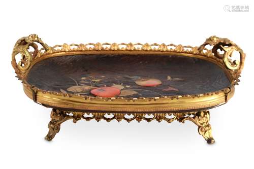 A MOUNTED WOOD INLAID TRAY.