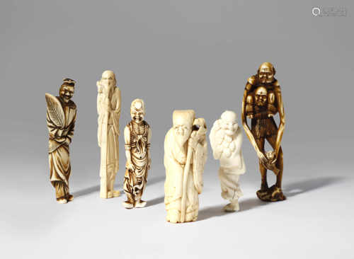 λ FIVE JAPANESE IVORY NETSUKE EDO AND MEIJI PERIODS One depicting Achinaga carrying Tenaga on his